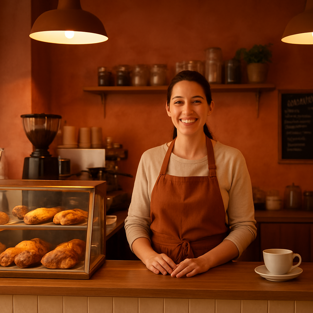 Balcão do café com barista a sorrir