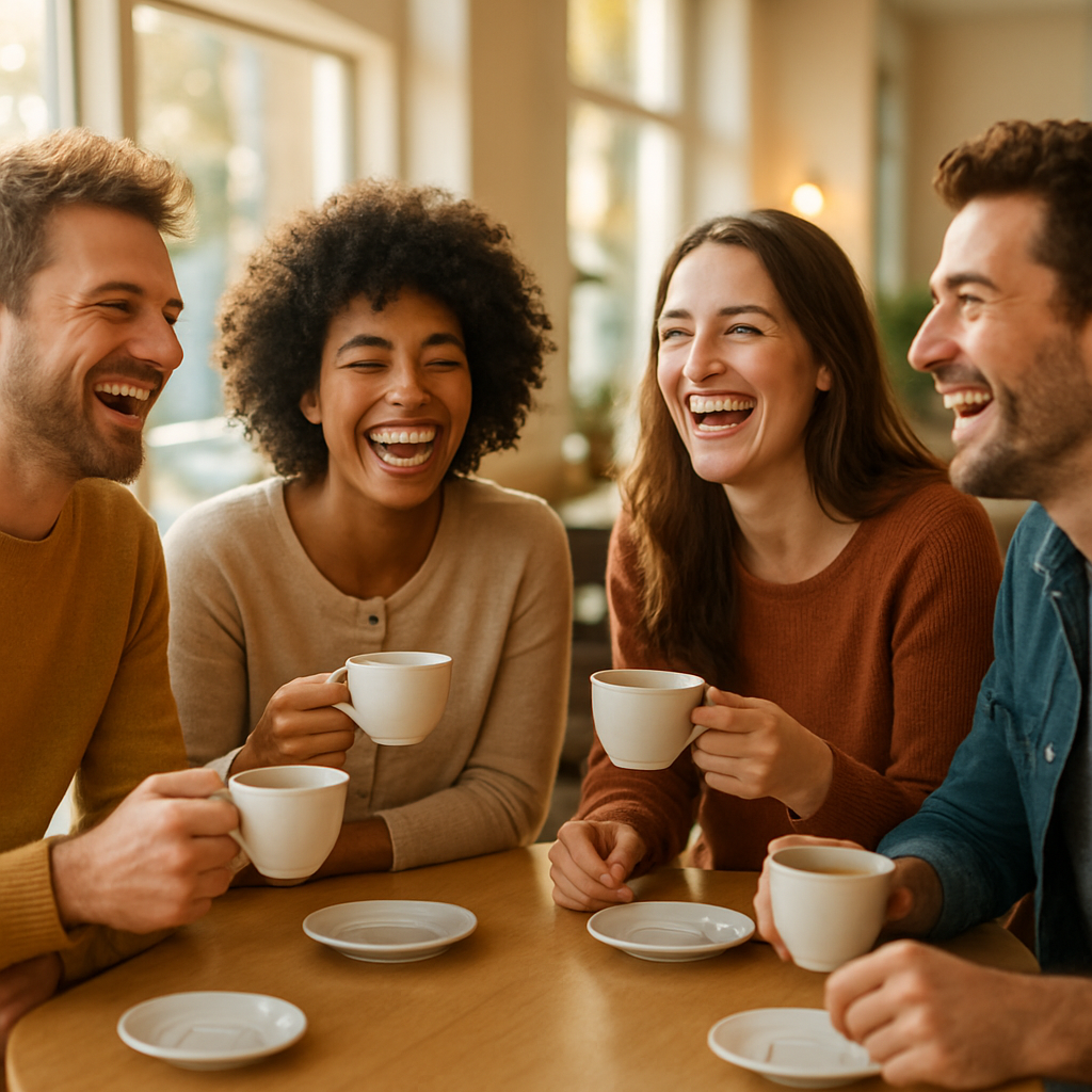 Amigos a rir e a tomar café juntos
