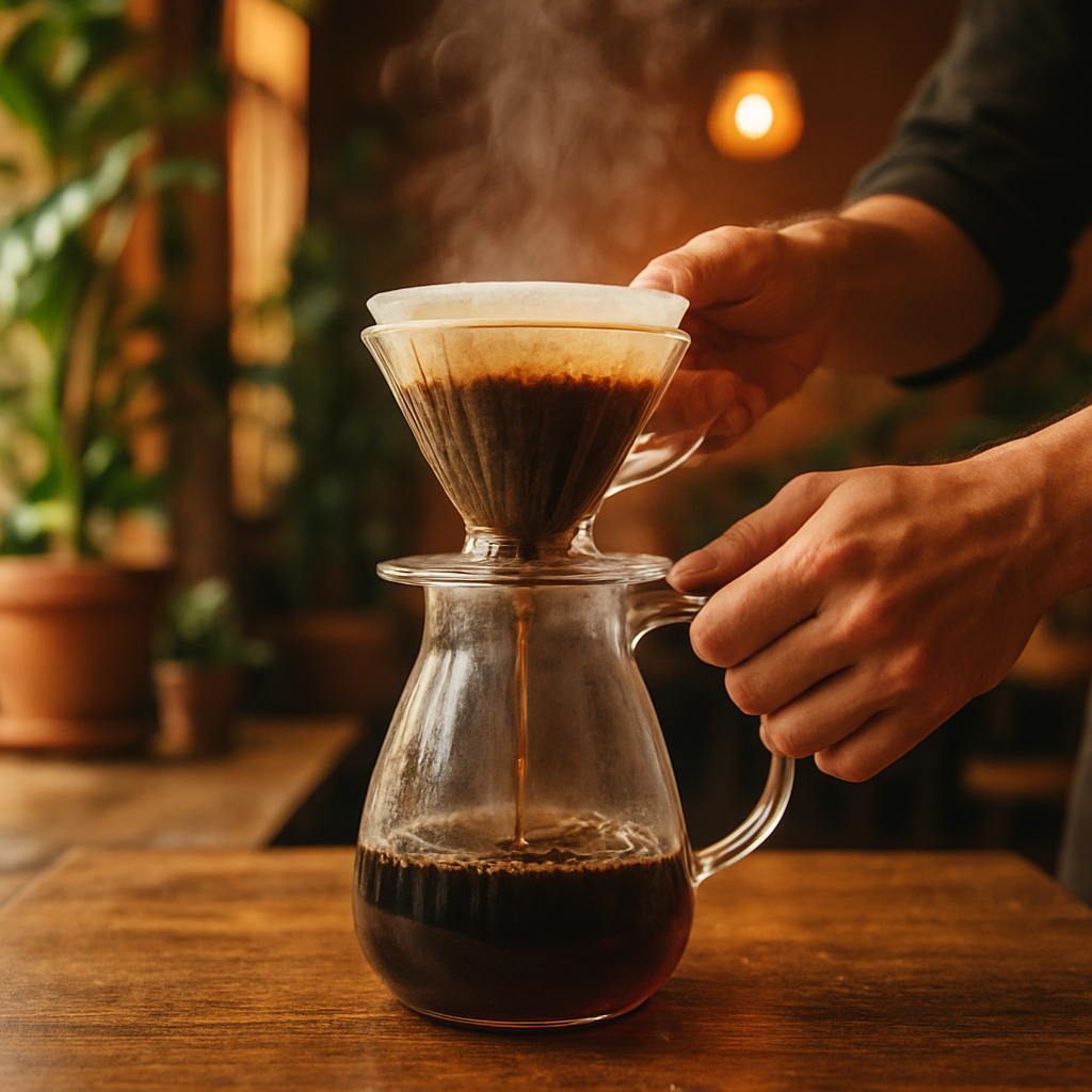 Mãos a servir café de filtro
