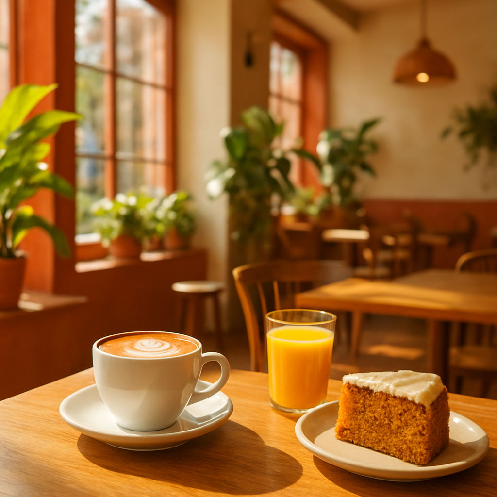 Mesa de café com cappuccino, bolo caseiro e sumo de laranja num ambiente acolhedor